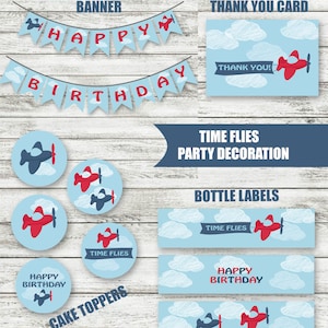 Die Zeit vergeht Party Dekoration Pack Kit, Happy Birthday Banner Flaggen, Dankeskarten, Cupcake Toppers, Flaschenetikett, Wimpelkette, Flugzeug Geburtstag