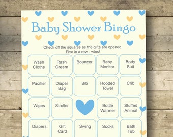 Blue Hearts Baby Shower Bingo Cards - Baby Shower Bingo Game - 40 Unique Game Cards - Printable Blank Bingo Cards AND PreFilled Bingo Cards