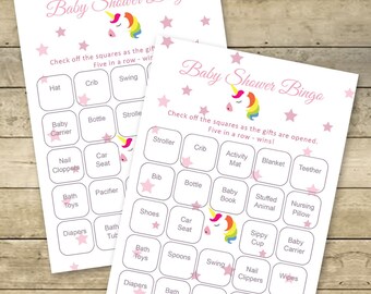 Set of 25 Unicorn Baby Shower Bingo Game Cards 