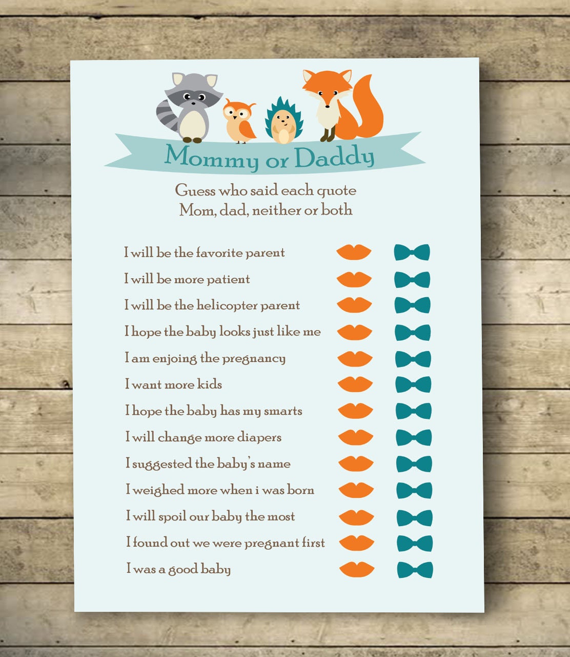Mommy or Daddy Printable Baby Shower Game,instant Download,animals Baby ...
