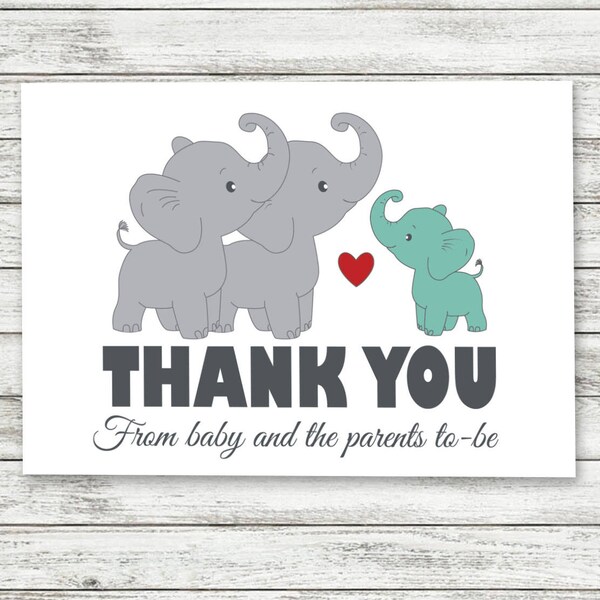 Elephant Thank You Cards - Gender Neutral - Elephant Baby Shower Thank Yous - Elephant Theme - Mint Elephant- Instant Download-Animals