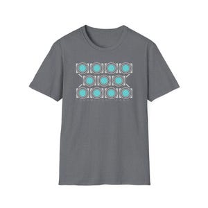May include: A gray t-shirt featuring a geometric design of circles and lines in white and teal. The text "SCHALLER BAND" is printed below the design. The shirt has short sleeves and a crew neck.