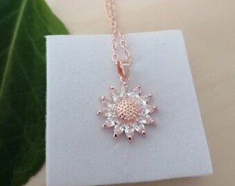 Topaz Necklace Sunflower White Topaz Sunflower Crystal Necklace Sagittarius Star Sign Rose Gold Plated Silver 925 Pendant