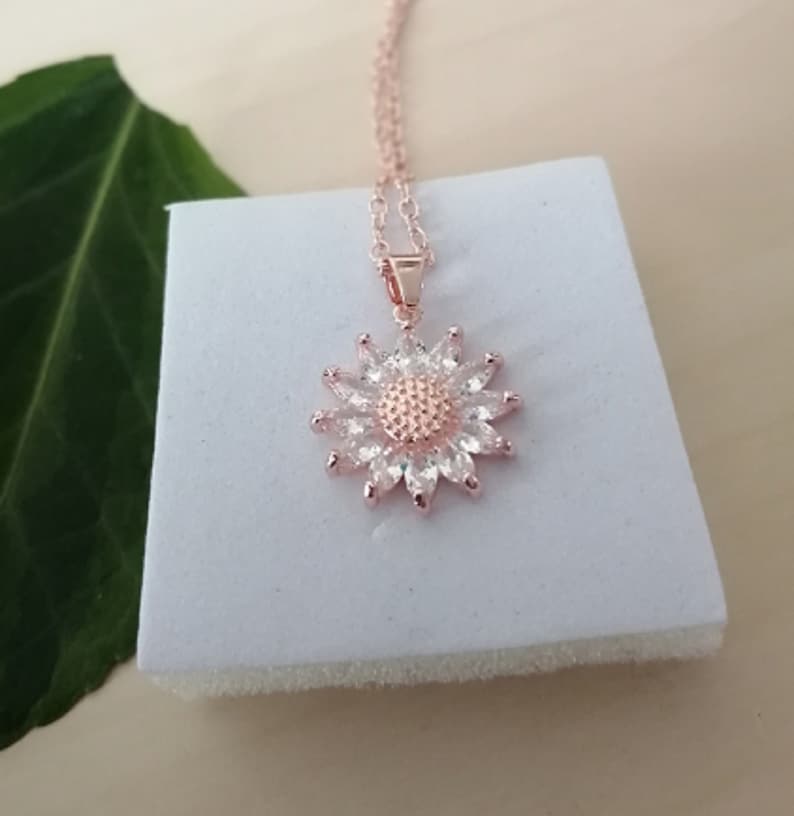 Topaz Necklace Sunflower White Topaz Sunflower Crystal Necklace Sagittarius Star Sign Rose Gold Plated Silver 925 Pendant
