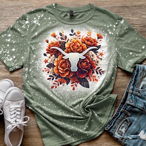 Longhorn Flowers Shirt Sublimation Bleach Tee Texas Heather Military Grn