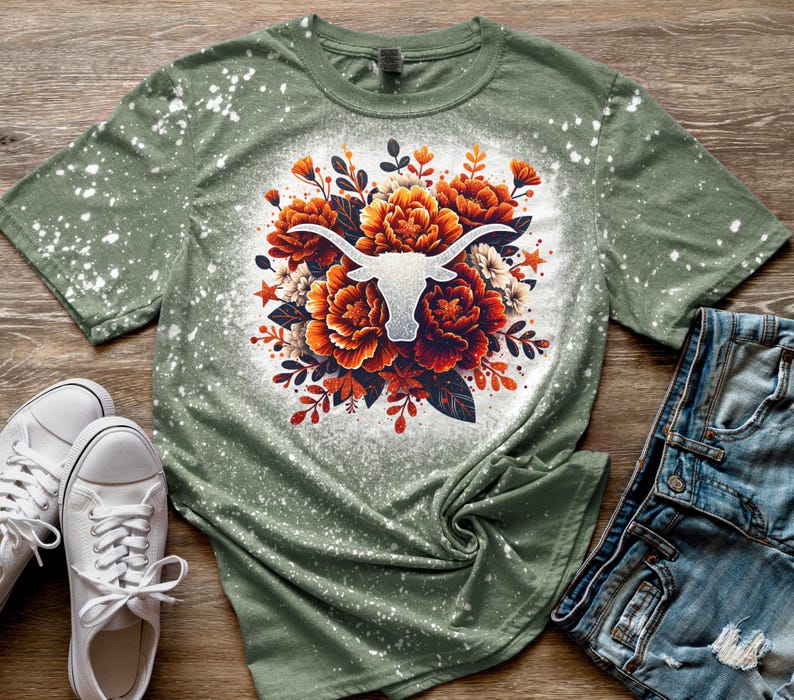 Longhorn Flowers Shirt Sublimation Bleach Tee Texas Heather Military Grn