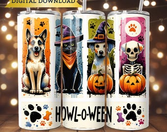 Owijka na kubek z motywem zwierząt na Halloween PNG Owijka na kubek z nadrukiem sublimacyjnym Owijka na kubek z motywem zwierząt do pobrania w wersji cyfrowej Psy i koty