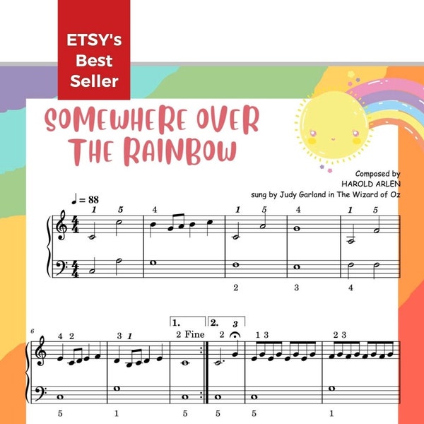 Somewhere Over The Rainbow - Easy Piano Self Learning Series with note names Grade 1 Level