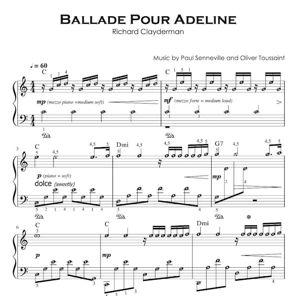 Ballade pour Adeline | Piano Sheet Music Score with note names BUNDLE Printable [Read Description]