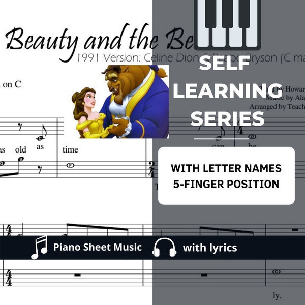 Beauty and the Beast Easy Piano Sheet Music Preliminary 5-finger position with note names