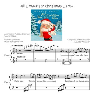 Könnte beinhalten: Notenblatt für das Lied "All I Want For Christmas Is You" von Mariah Carey. Das Cover des Liedes zeigt ein Mädchen in einer roten Weihnachtsmütze und einem rot-weißen Pullover, das einen Welpen hält. Die Musik ist in C-Dur geschrieben und hat einen 4/4-Takt.