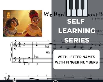 May include: A piano sheet music book with a colorful cartoon image of two girls on the cover. The title of the book is "We Don't Talk About Bruno" and it is part of a "Self Learning Series" with letter names and finger numbers. The book also includes MP3 audio samples.