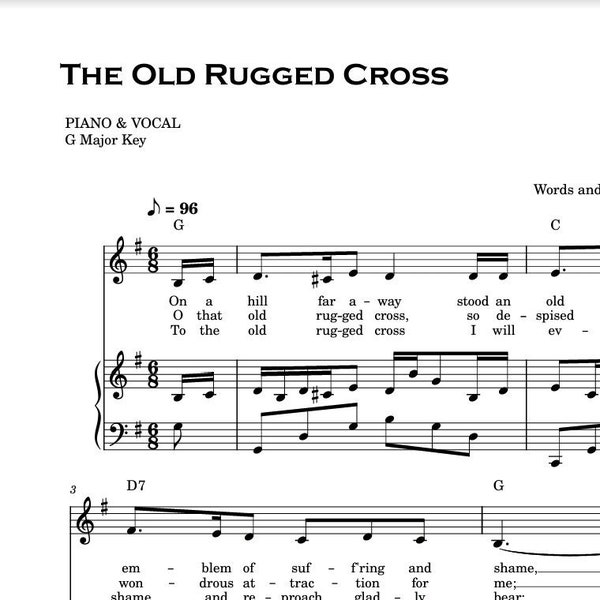 Old Rugged Cross - Piano Vocal Chords with Lyrics, Note Names & Chords