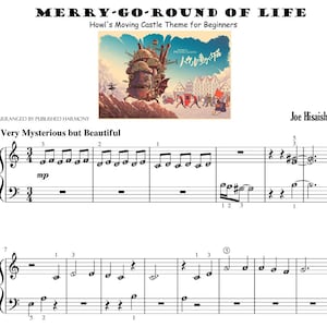 Könnte beinhalten: Notenblatt für das Thema "Merry-Go-Round of Life" aus dem Film "Howl's Moving Castle". Die Musik ist für Klavier arrangiert und enthält den Titel "Very Mysterious but Beautiful" und den Namen des Komponisten "Joe Hisaishi".