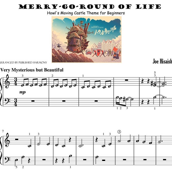 Merry Go Round of Life / Partitura de piano PRELIMINAR con nombres de notas - Fácil - Tema imprimible del Castillo Ambulante de Howl