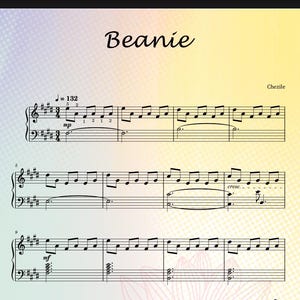 Peut inclure: Partition musicale intitulée "Beanie" avec des notes de musique sur une portée. La musique est écrite à l'encre noire sur un fond blanc avec un dégradé jaune et violet. Le nom du compositeur, Chezile, est en haut à droite.