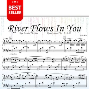 Puede incluir: Partitura para piano de la pieza "River Flows In You" de Yiruma. La música está escrita en la mayor y fa sostenido menor. Los bucles de acordes son fa sostenido menor, re, la y mi.