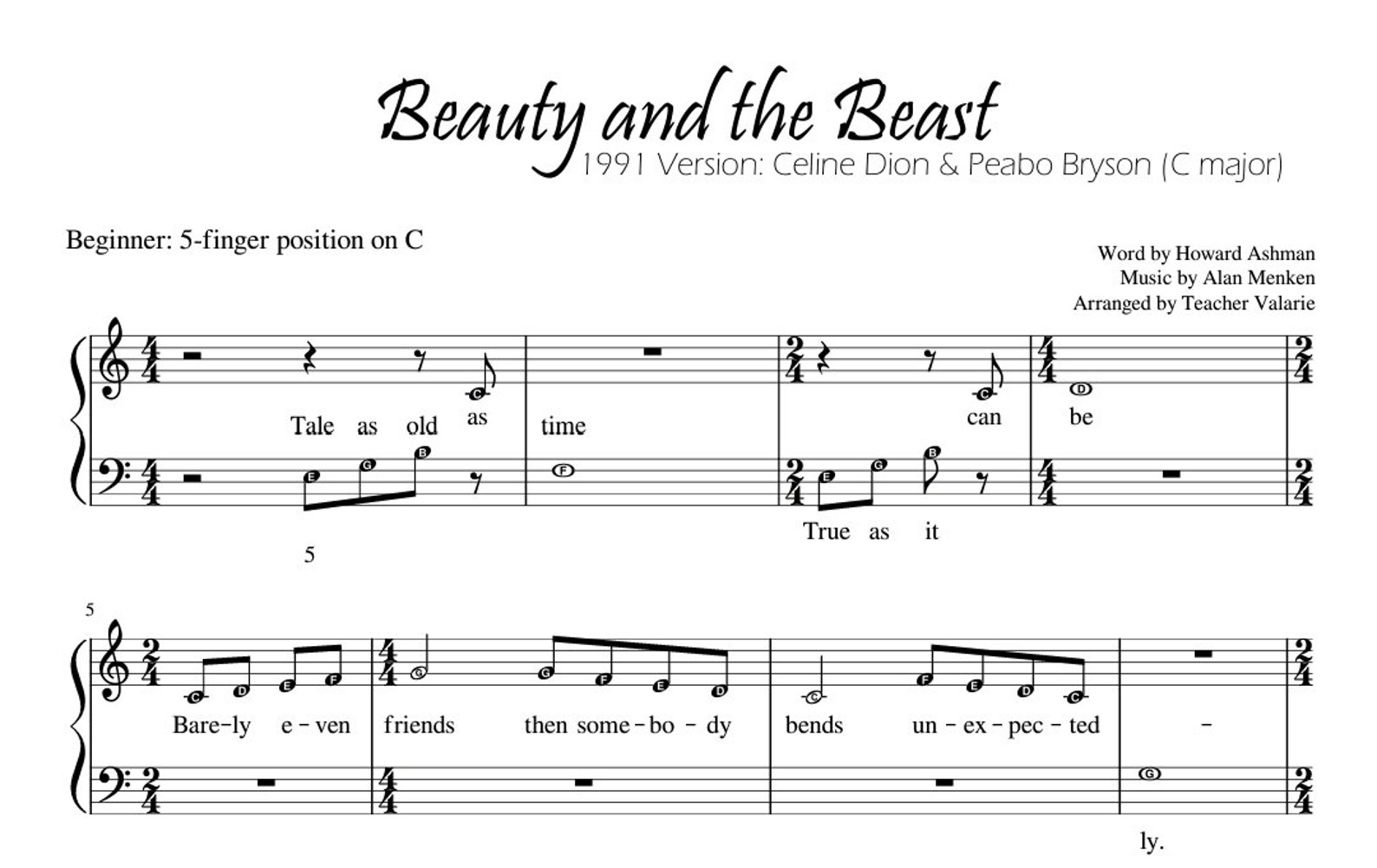 Beauty And The Beast Simple Piano Sheet
