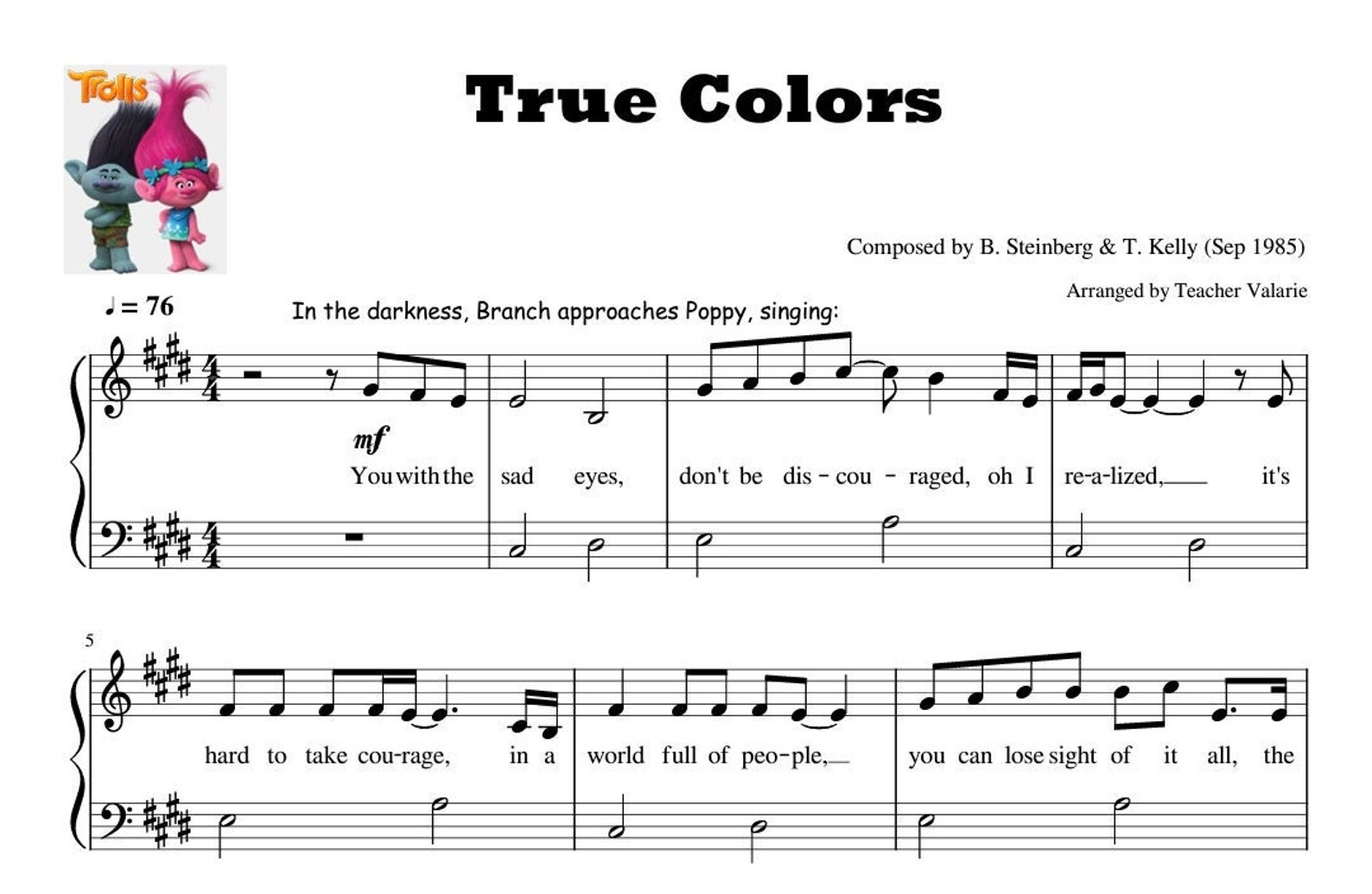 True Colors (trolls) | Piano Sheet Music Score for Grade 5 ...