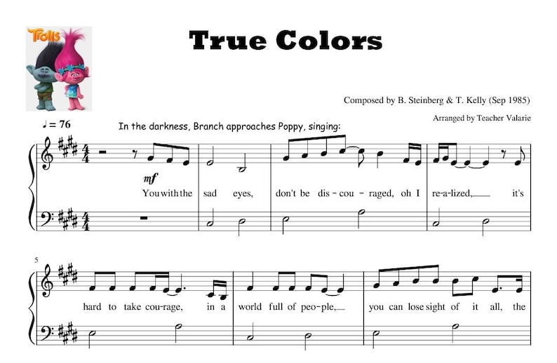 True Colors (trolls) Piano Sheet Music Score for Grade 5