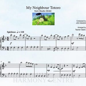 May include: Sheet music for the song "My Neighbour Totoro" from the Studio Ghibli film. The music is arranged for piano and includes the title, composer, arranger, and tempo markings.