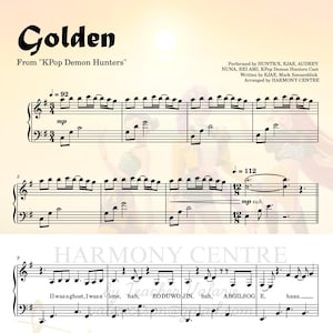 Op de afbeelding: Muziekblad voor "Golden" van "KPop Demon Hunters". De bovenkant van de pagina bevat de titel en componisteninformatie. De muzieknotatie bevat G-sleutels en bassleutels, met tempo- en dynamische aanduidingen. De onderkant van de pagina bevat de songtekst.