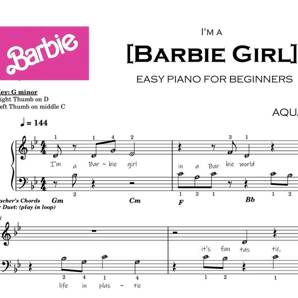 Barbie Girl | Easy Piano Sheet for Beginners Kids Self Learning Series with note names