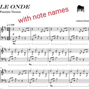 Könnte beinhalten: Notenblatt für das Lied "Le Onde" von Ludovico Einaudi, mit den Notenbezeichnungen über den Noten. Die Musik ist in C-Dur geschrieben und hat 4/4 Takt. Das Tempo ist mit J = 110 angegeben.