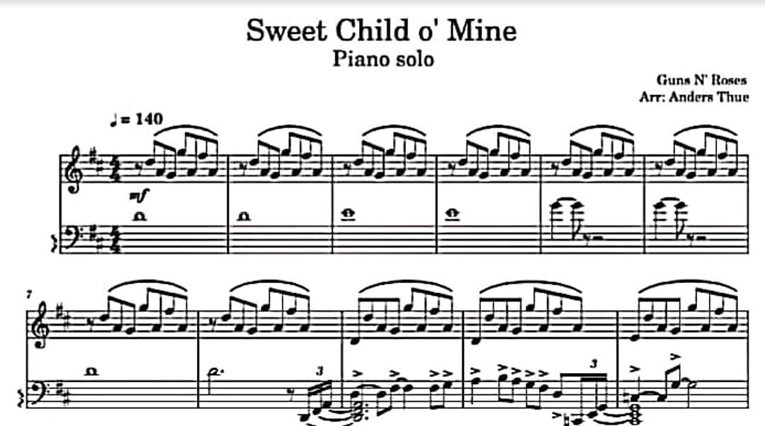 Sweet Child O Mine | Guns N Roses - Piano Sheet Music Score Pro 6 pages Level Hard Advanced Piano