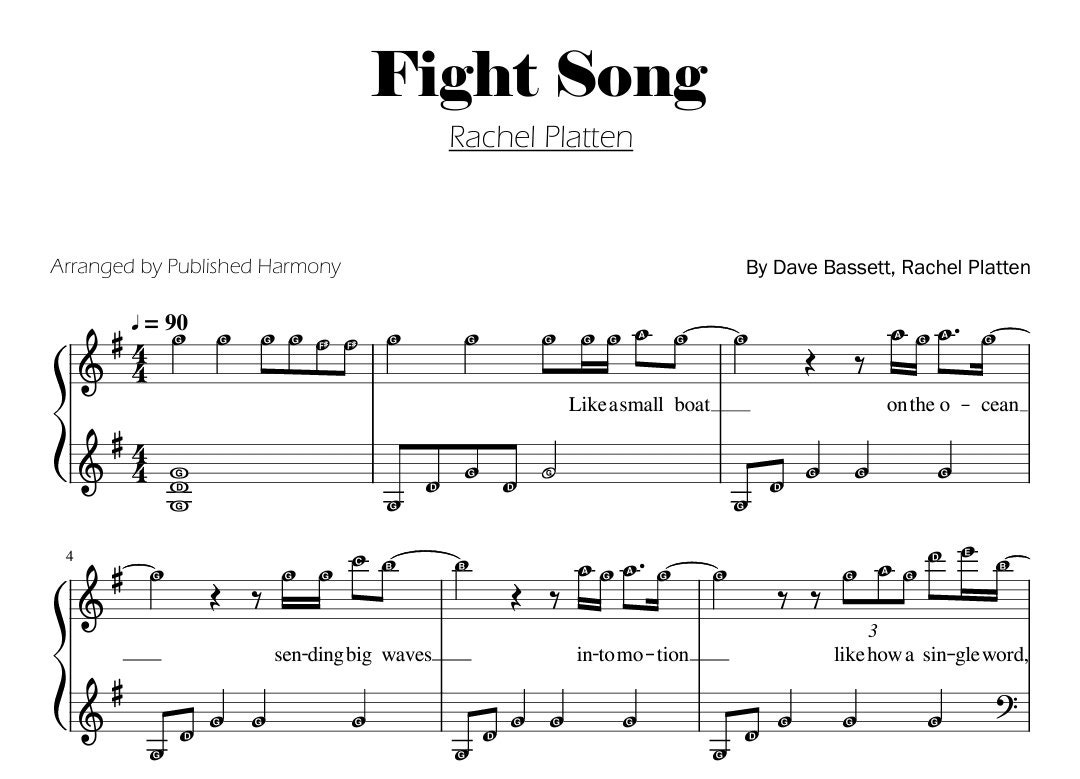 Fight Song Intermediate Piano Sheet Music Score With Note Names