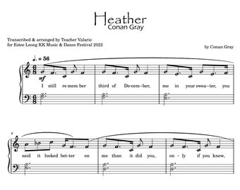 Heather (Conan Gray) Piano Sheet Music Score with note names for Grade 1