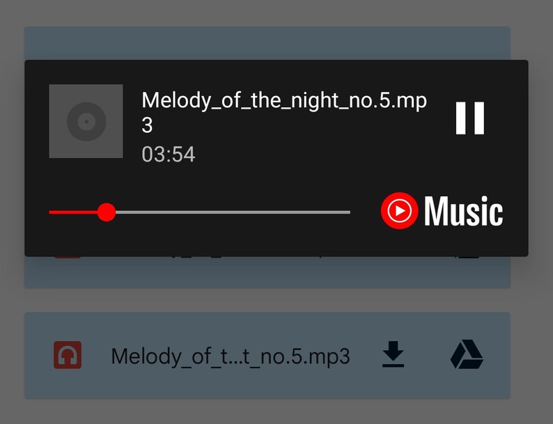 Puede incluir: Una interfaz de reproductor de m&uacute;sica negra con una barra de progreso roja y un bot&oacute;n de reproducci&oacute;n. El t&iacute;tulo de la canci&oacute;n es "Melody_of_the_night_no.5.mp" y la hora es 03:54. El texto "Music" est&aacute; en rojo.