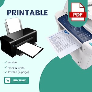 Puede incluir: Archivo PDF imprimible en tama&ntilde;o A4, en blanco y negro, con 4 p&aacute;ginas. La imagen muestra una impresora y un documento que se est&aacute; imprimiendo.