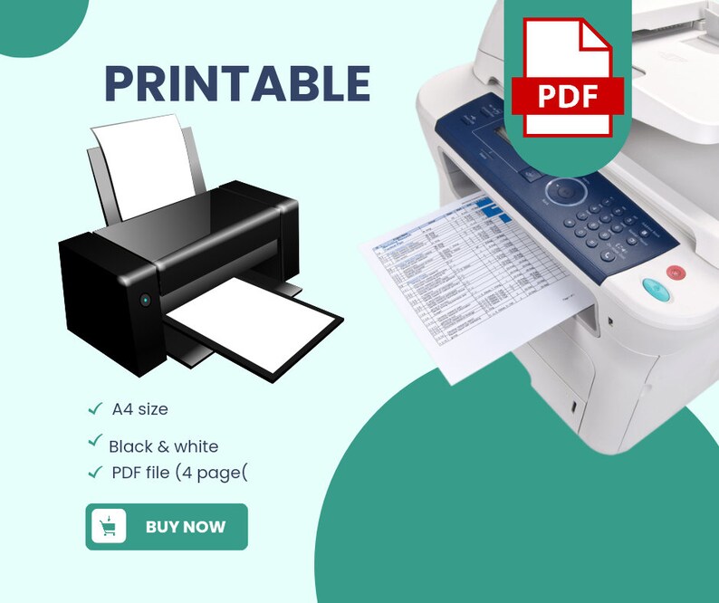 Puede incluir: Archivo PDF imprimible en tama&ntilde;o A4, en blanco y negro, con 4 p&aacute;ginas. La imagen muestra una impresora y un documento que se est&aacute; imprimiendo.