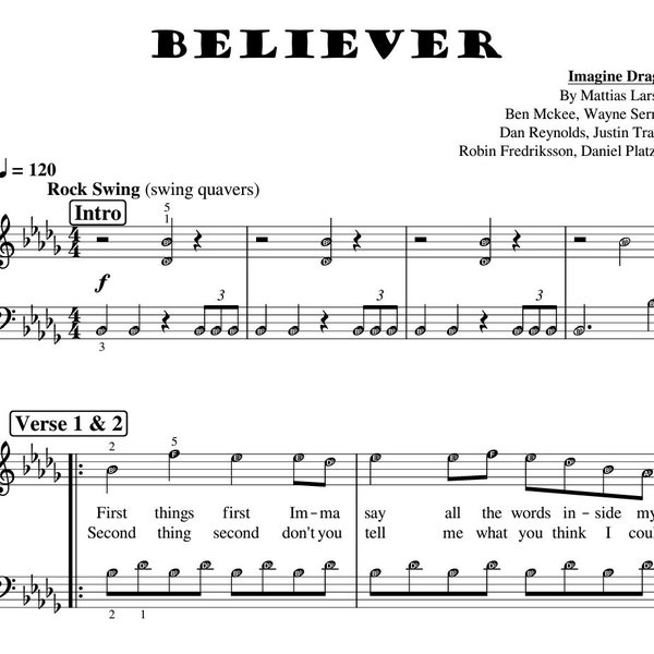 Believer - Imagine Dragons | Piano Sheet Music Instrumental Rock Solo with note names