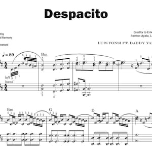 May include: Sheet music for "Despacito" by Luis Fonsi ft. Daddy Yankee, arranged by Published Harmony. The music sheet is for advanced level players and includes musical notation, lyrics, and credits to Erika Ender, Ramon Ayala, and Luis Fonsi.