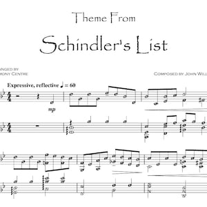 Könnte beinhalten: Notenblatt für das Lied "Theme From Schindler's List" von John Williams. Die Musik ist für Klavier arrangiert und enthält den Titel, den Komponisten, den Arrangeur und die Tempoangaben.