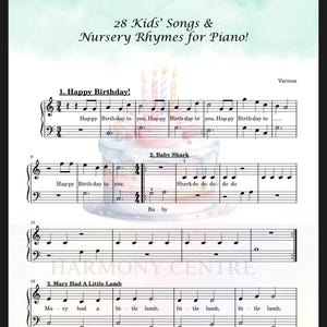 28 Kids Songs Piano Sheet Music Bundle: Nursery Rhymes PDF MP3