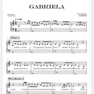 Puede incluir: Partitura titulada "GABRIELA" con notas musicales y letras. La partitura incluye el texto "Verse 1" y "Pre-chorus 1". Arreglado por Teacher Valarie e interpretado por KATSEYE. El tempo está indicado como 146.