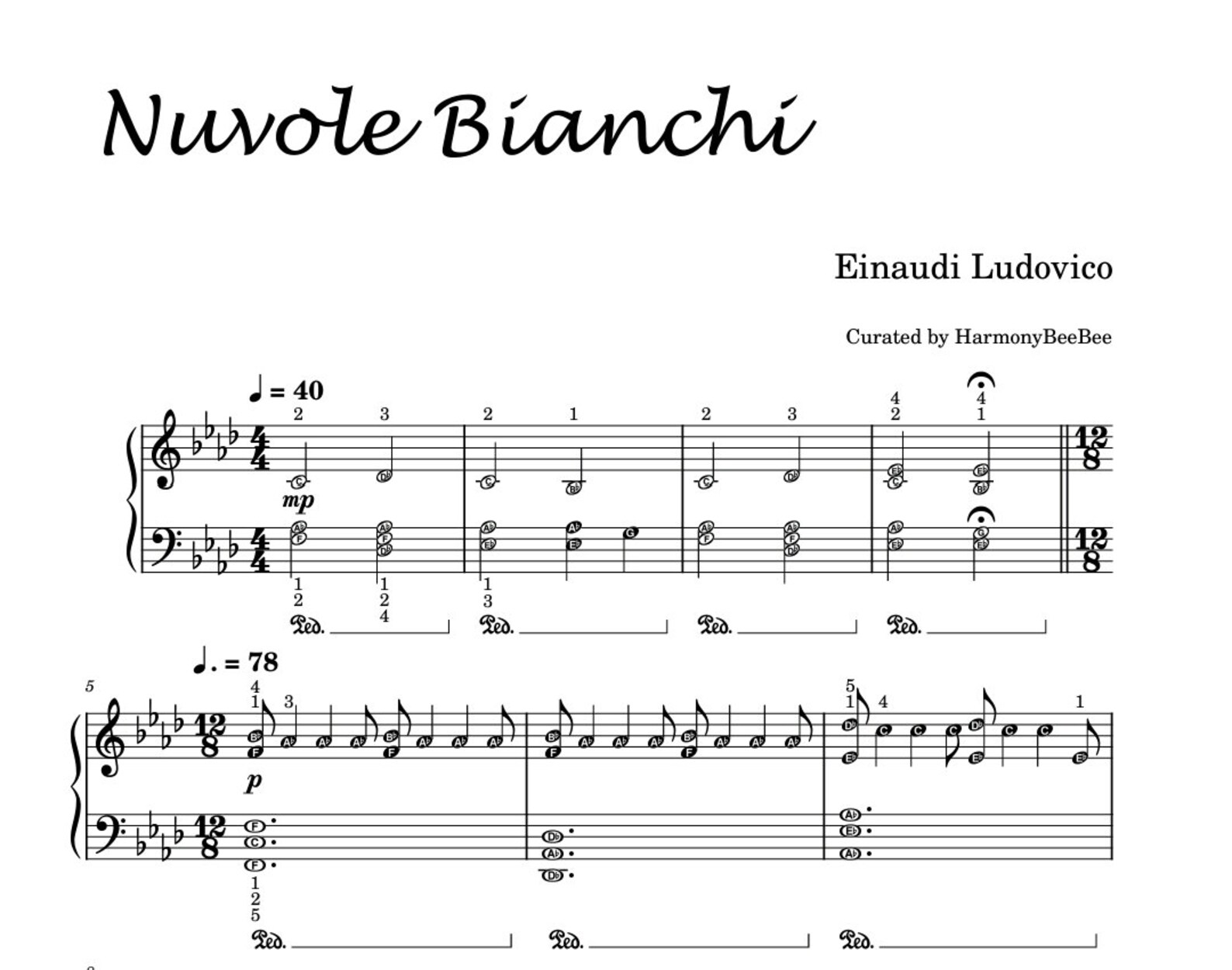 Nuvole Bianche - Einaudi Ludovico | Piano Sheet Music Score Self