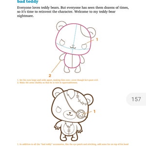 Pu&ograve; includere: Una guida passo passo su come disegnare un orsacchiotto con un cerotto sull'occhio cucito e pelliccia sulla cima della testa. Il testo recita "bad teddy" e "1. Metti i suoi occhi grandi e distanziati, il che lo rende carino, anche se &egrave; pura malvagit&agrave;. 2. Rendi le braccia paffute in modo che sia ricco di coccole." e "1. Oltre a tutti gli accessori "bad teddy", come il cerotto sull'occhio e le cuciture, aggiungi un po' di pelliccia sulla cima della testa".