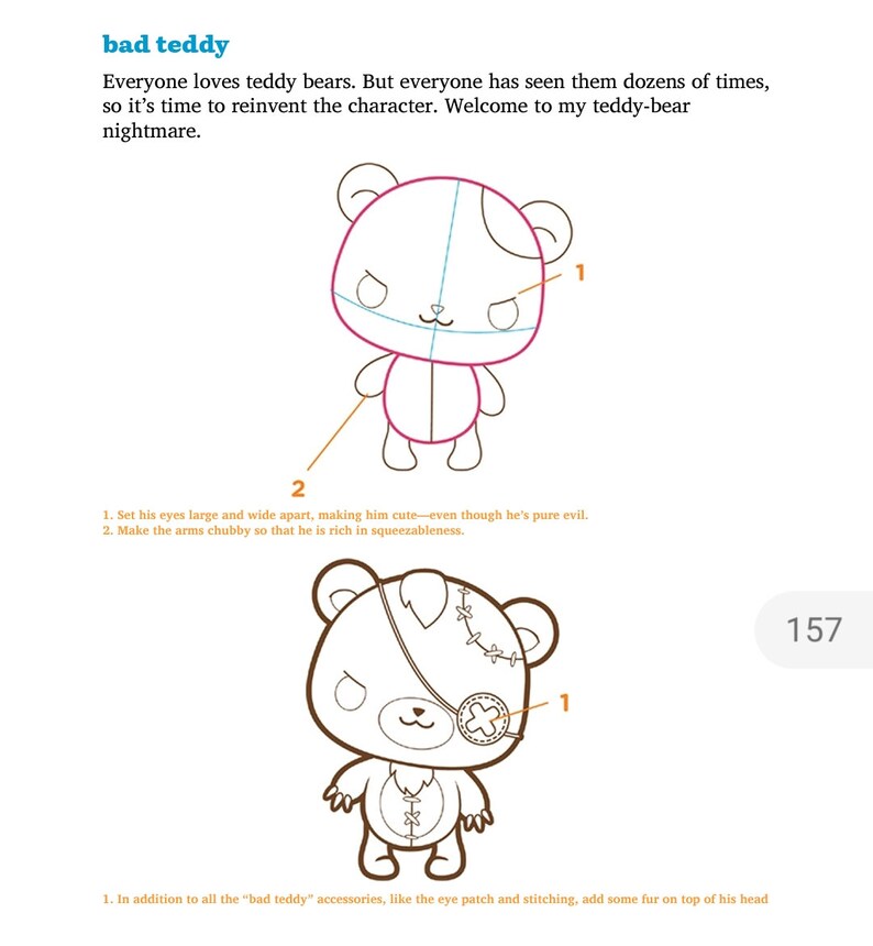 Pu&ograve; includere: Una guida passo passo su come disegnare un orsacchiotto con un cerotto sull'occhio cucito e pelliccia sulla cima della testa. Il testo recita "bad teddy" e "1. Metti i suoi occhi grandi e distanziati, il che lo rende carino, anche se &egrave; pura malvagit&agrave;. 2. Rendi le braccia paffute in modo che sia ricco di coccole." e "1. Oltre a tutti gli accessori "bad teddy", come il cerotto sull'occhio e le cuciture, aggiungi un po' di pelliccia sulla cima della testa".