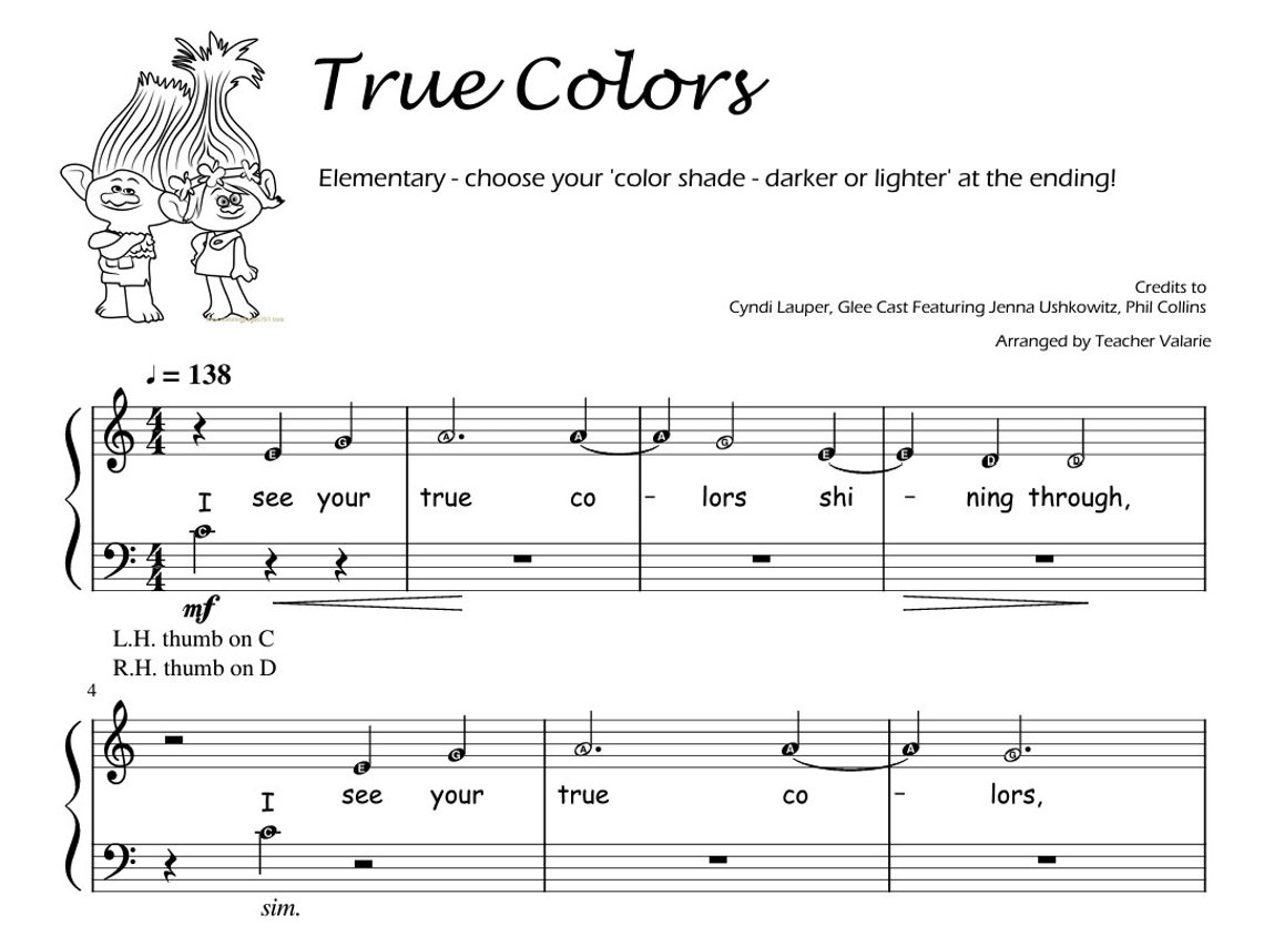 True Colors trolls Piano Sheet Music Score for Grade 5 & Preliminary