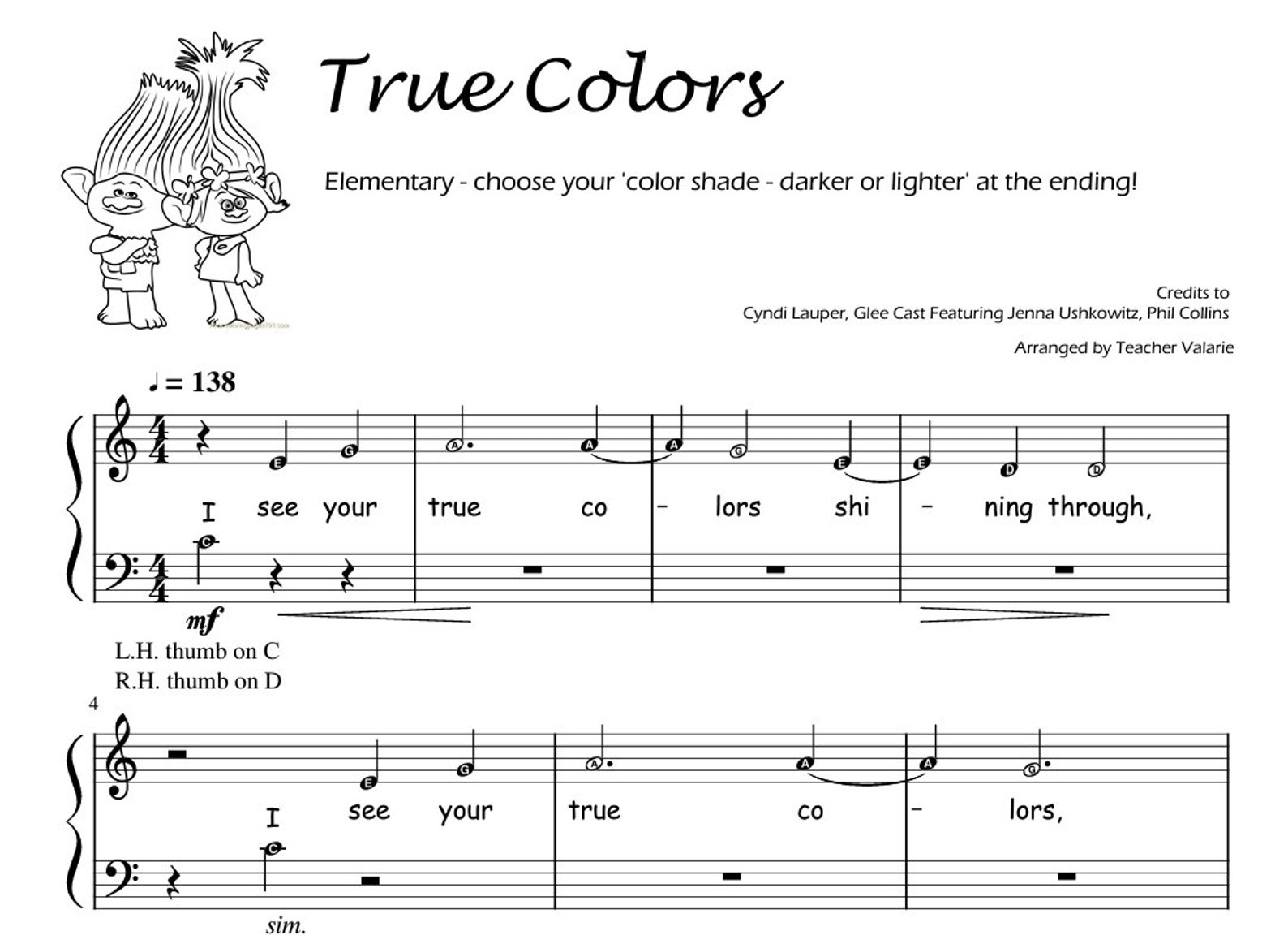 True Colors (trolls) Piano Sheet Music Score for Grade 5