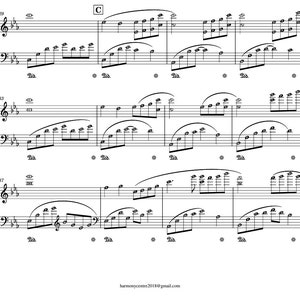 Puede incluir: Una partitura musical con notas musicales y una clave de sol. La m&uacute;sica es para un piano e incluye las notas C, D, E, F, G, A y B. La m&uacute;sica est&aacute; escrita en la tonalidad de Do mayor.