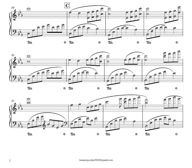 Puede incluir: Una partitura musical con notas musicales y una clave de sol. La m&uacute;sica es para un piano e incluye las notas C, D, E, F, G, A y B. La m&uacute;sica est&aacute; escrita en la tonalidad de Do mayor.