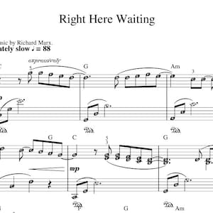 Könnte beinhalten: Notenblatt für das Lied "Right Here Waiting" von Richard Marx. Die Musik ist in C-Dur geschrieben und ist mäßig langsam, mit einem Tempo von 88 Schlägen pro Minute. Die Noten enthalten den Text und die Akkorde des Liedes.