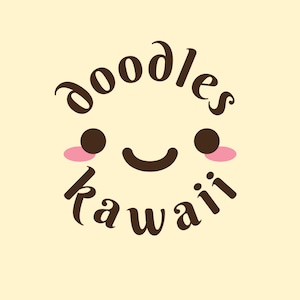 May include: A cute cartoon face with the words "doodles kawaii" written around it. The face has brown eyes, a pink blush, and a smiling mouth.