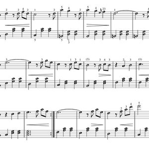 May include: A sheet music score with musical notes and numbers indicating the rhythm and pitch of the music. The score is written in treble clef and bass clef.
