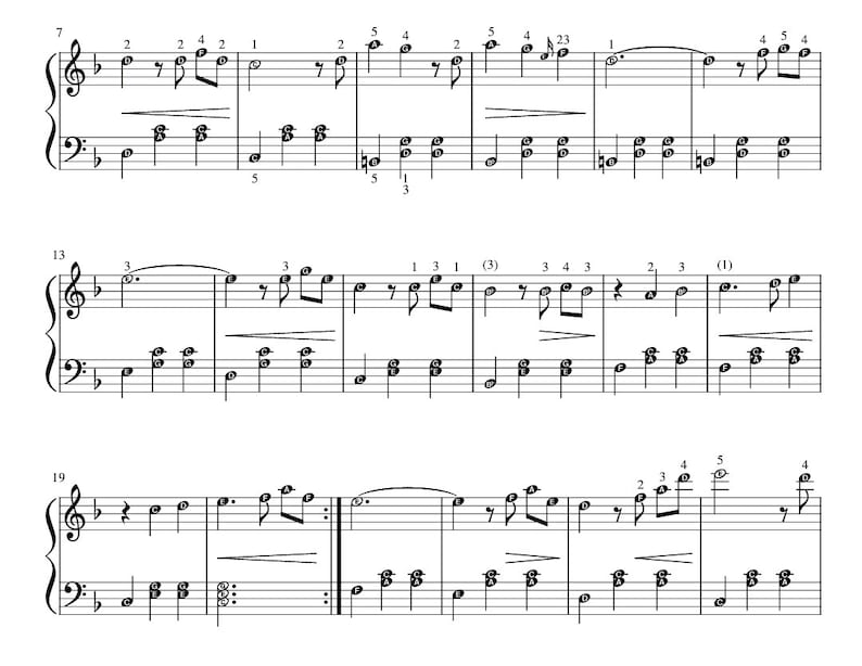 May include: A sheet music score with musical notes and numbers indicating the rhythm and pitch of the music. The score is written in treble clef and bass clef.